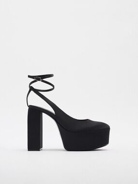 ZARA Black Satin Platform Heels – Ankle Strap – Size 37 (US 6.5)